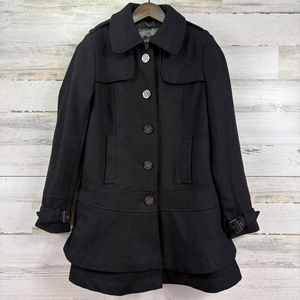 GUESS Los Angeles Y2K‎ Black Wool Blend Tiered Ruffle Hem Peacoat Jacket Size M